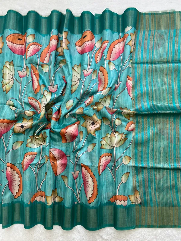 Darika_Rama_Green_–_Navratri_Special_|_Soft_Tussar_Silk_Saree_with_Print,_Pallu_&_Zari_Border_&_Contrast_Print_Blouse_with_Tassels