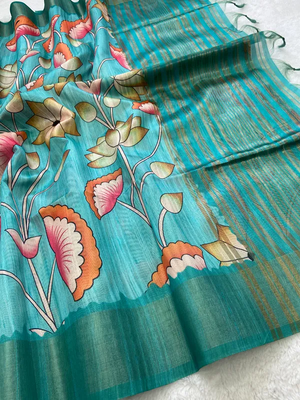 Darika_Rama_Green_–_Navratri_Special_|_Soft_Tussar_Silk_Saree_with_Print,_Pallu_&_Zari_Border_&_Contrast_Print_Blouse_with_Tassels