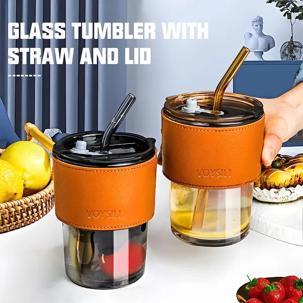 Glass_Tumbler_with_Silicone_Straw_and_Lid_435ml,_Pack_of_2_Glass_Cup_with_Leather_Sleeve,_Glass_Coffee_Mugs_for_Straw_and_Direct_Drinking_Mouth_Dual_Use,_Summer_Travel_Essential_Bottle_(Amber_+_Black)