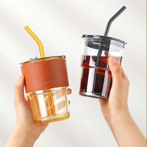 Glass_Tumbler_with_Silicone_Straw_and_Lid_435ml,_Pack_of_2_Glass_Cup_with_Leather_Sleeve,_Glass_Coffee_Mugs_for_Straw_and_Direct_Drinking_Mouth_Dual_Use,_Summer_Travel_Essential_Bottle_(Amber_+_Black)