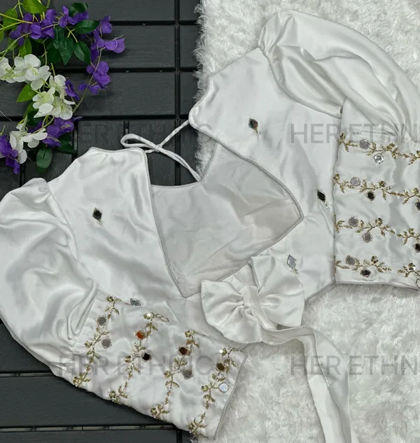 White_Real_Mirror_And_Handwork_Blouse_With_Heavy_Bow_Style_Pattern_And_Beautiful_Tassels