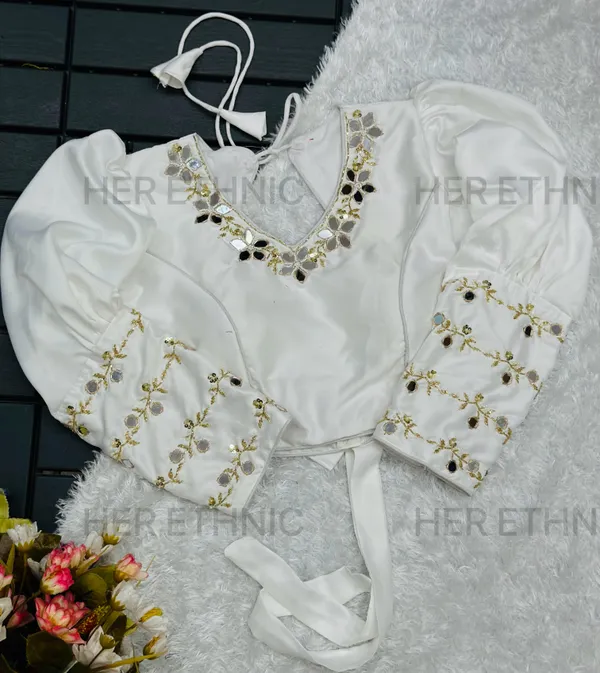 White_Real_Mirror_And_Handwork_Blouse_With_Heavy_Bow_Style_Pattern_And_Beautiful_Tassels