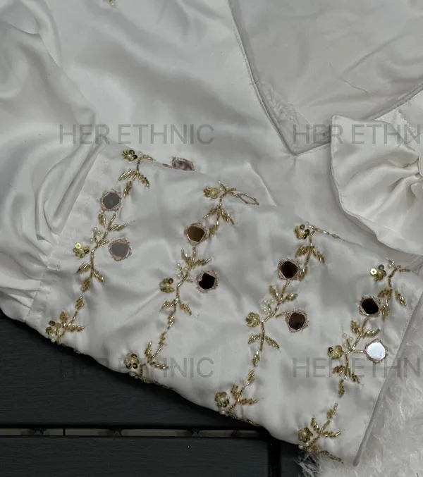 White_Real_Mirror_And_Handwork_Blouse_With_Heavy_Bow_Style_Pattern_And_Beautiful_Tassels