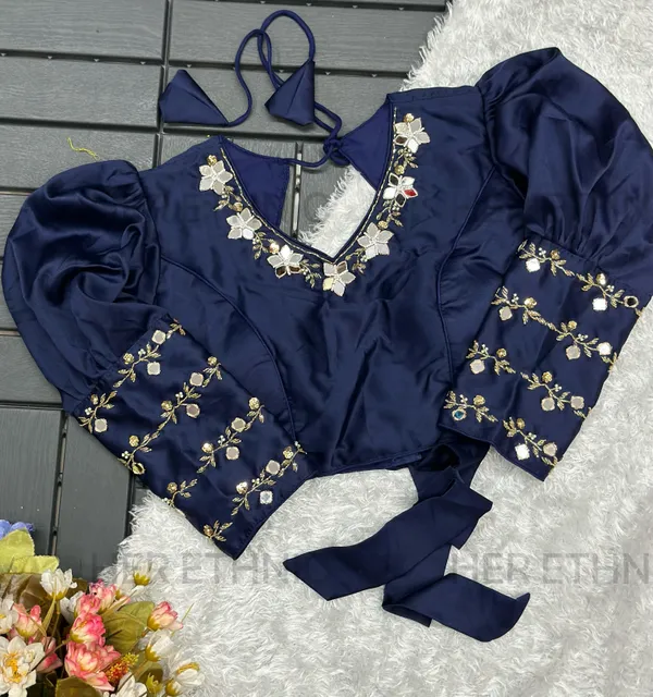 Navy_Blue_Real_Mirror_And_Handwork_Blouse_With_Heavy_Bow_Style_Pattern_And_Beautiful_Tassels
