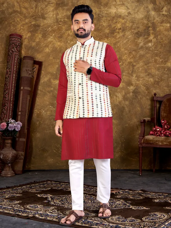 Red_Cotton_Polyester_Embroidery_Work_Kurta_Sets_With_Modi/Nehru_Jacket