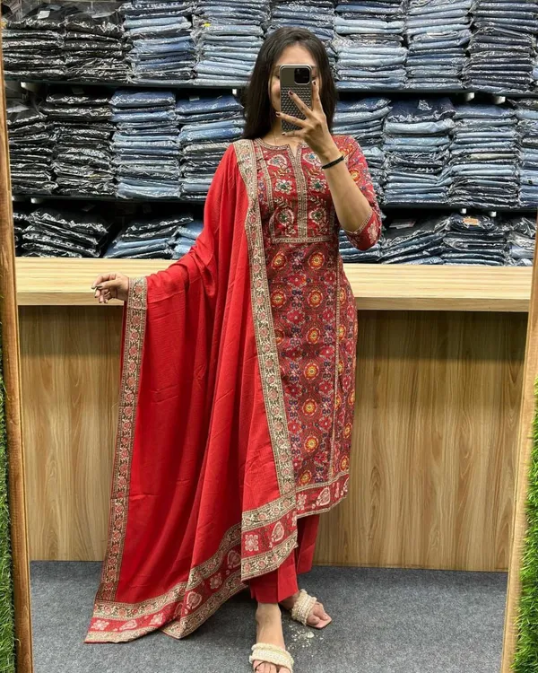 Red_Cotton_Premium_Floral_Print_Kurta_Pant_And_Dupatta_Set_For_Women
