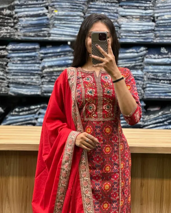 Red_Cotton_Premium_Floral_Print_Kurta_Pant_And_Dupatta_Set_For_Women