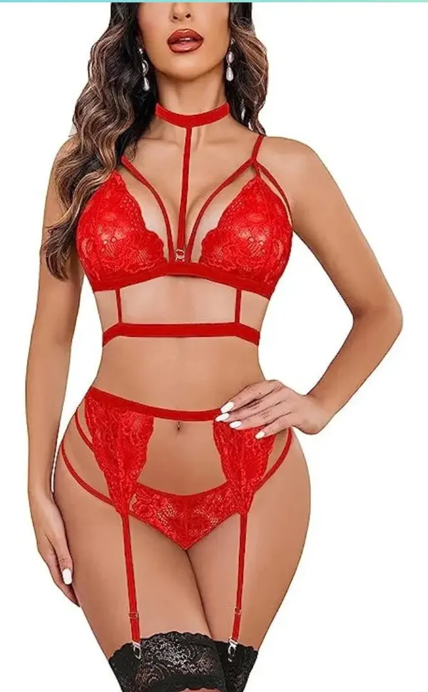 Red__Lingerie_Set_Lace_Teddy_Strap_Baby_doll_Bodysuit_With_Garter_Belts