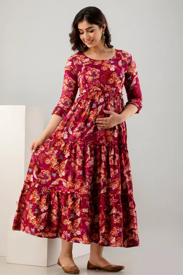 Rayon_Multi_Color_Flower_Printed_Maternity_Tyre_Dress