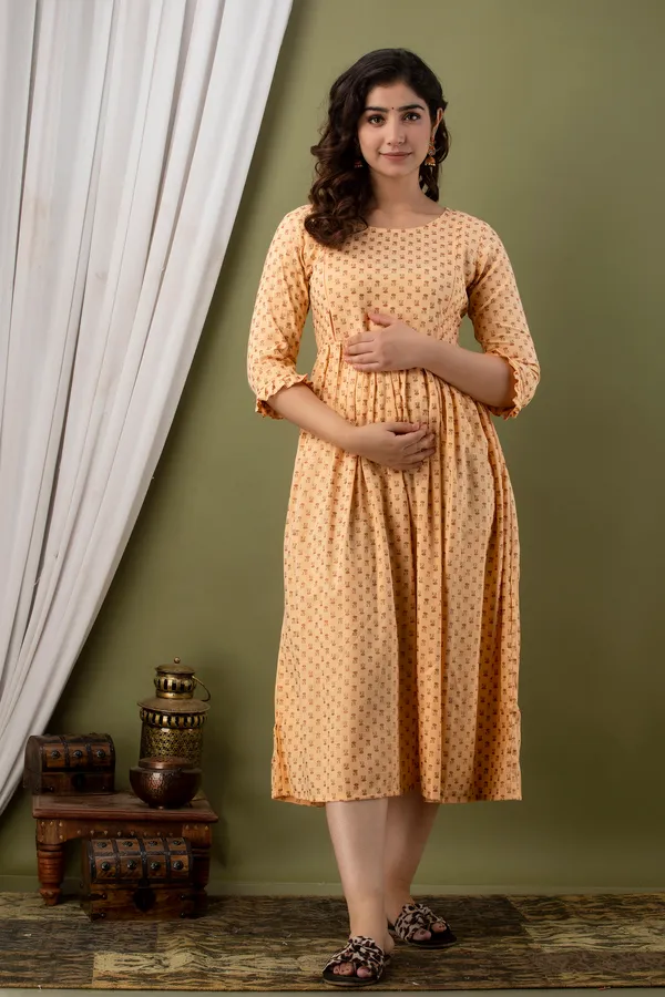 Rayon_Printed_Maternity_Beige_Dress