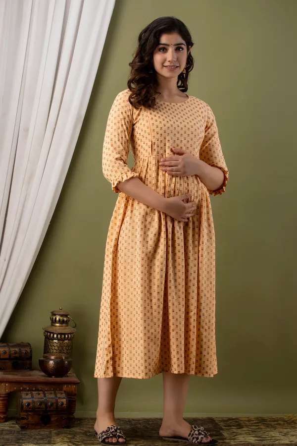 Rayon_Printed_Maternity_Beige_Dress