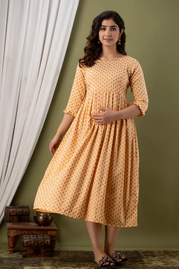 Rayon_Printed_Maternity_Beige_Dress