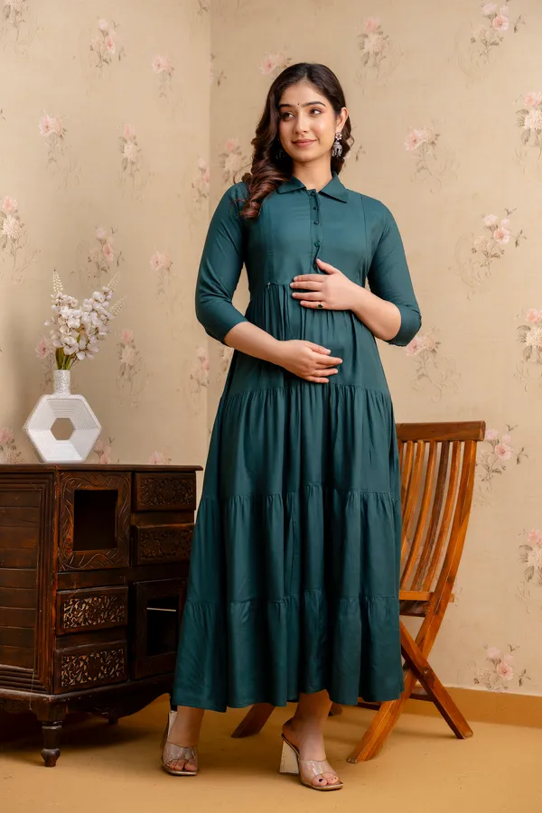 Rayon_Solid_Maternity_4_Tyer_Green_Dress