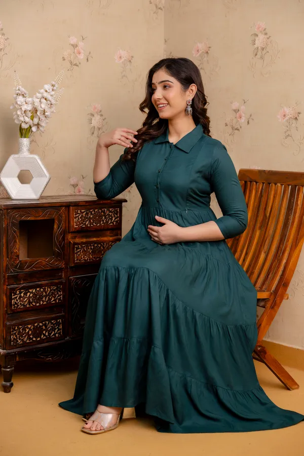 Rayon_Solid_Maternity_4_Tyer_Green_Dress