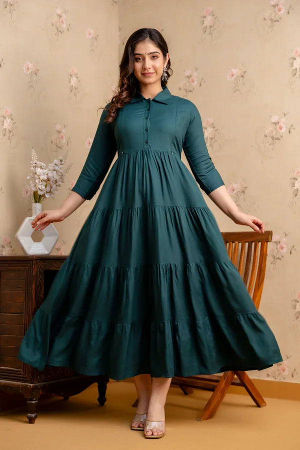 Rayon_Solid_Maternity_4_Tyer_Green_Dress