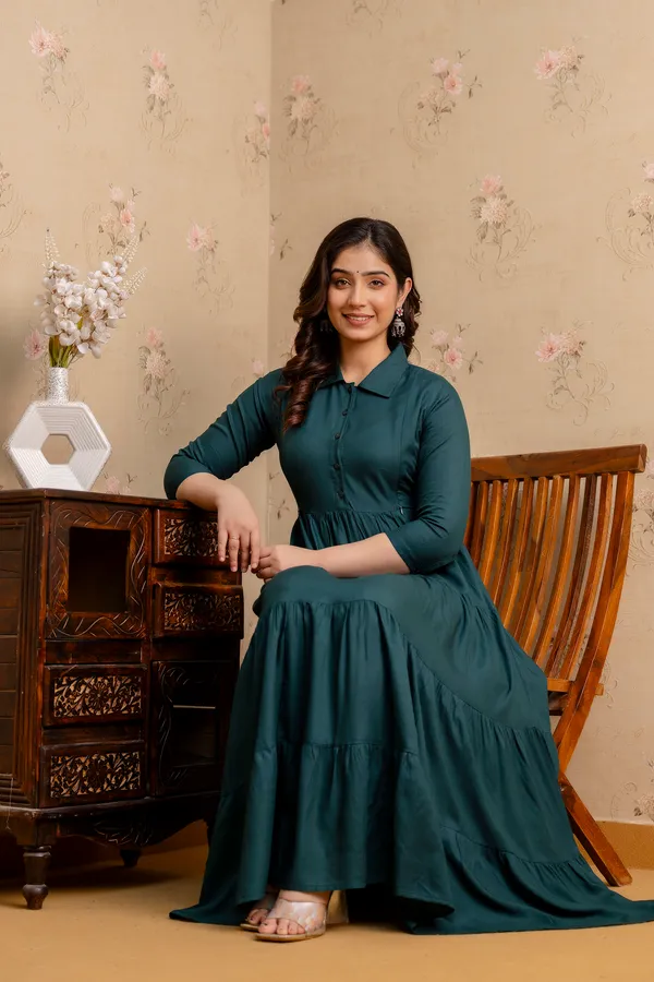 Rayon_Solid_Maternity_4_Tyer_Green_Dress