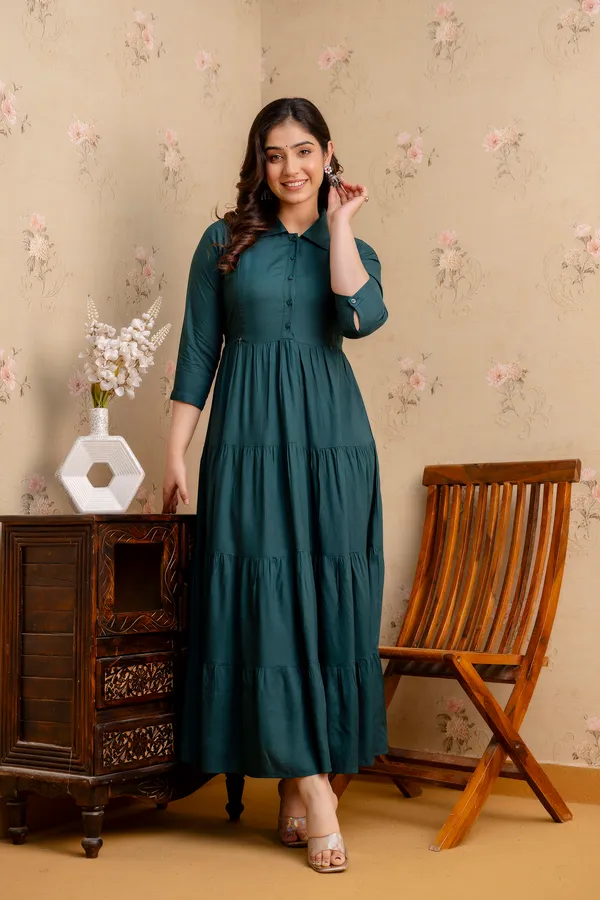 Rayon_Solid_Maternity_4_Tyer_Green_Dress