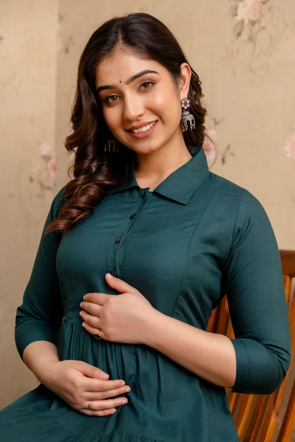 Rayon_Solid_Maternity_4_Tyer_Green_Dress