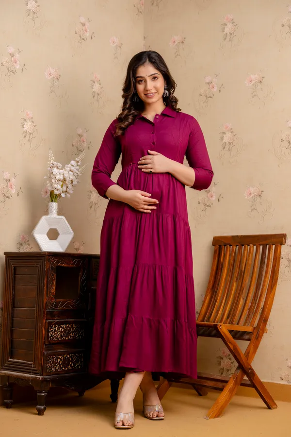 Reyon_Solid_Wine_Maternity_4_Tyer_Dress