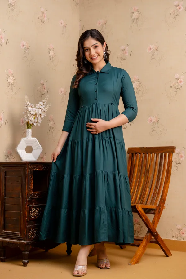 Rayon_Solid_Maternity_4_Tyer_Green_Dress