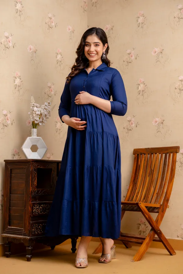 Reyon_Solid_Maternity_4_Tyer_Navy_Blue_Long_Dress