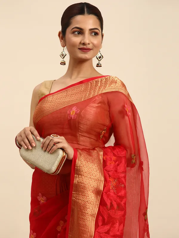 Indian_Women_Red_Orgenza_Fancy_border_with_Embroidery_work