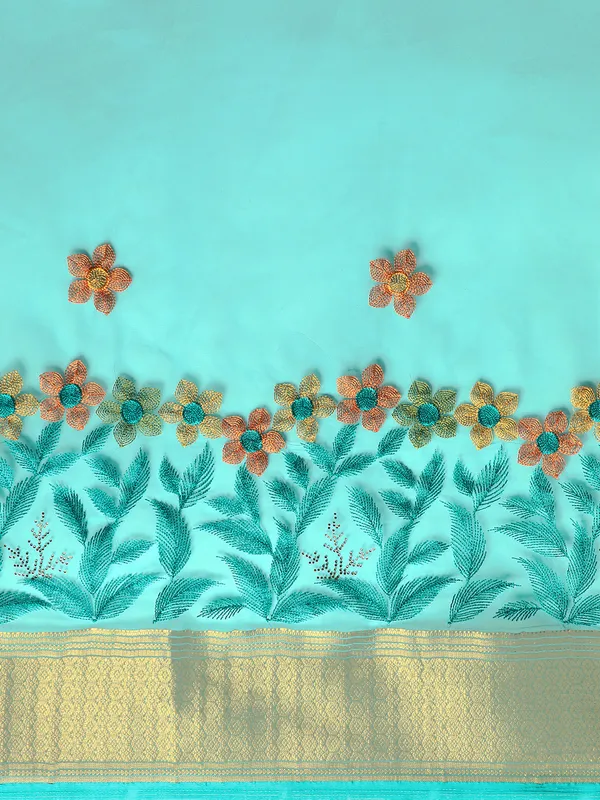 Indian_Women_Turquoise_Blue_Orgenza_Fancy_border_with_Embroidery_work