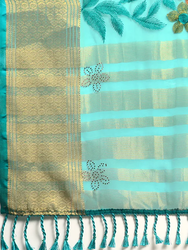 Indian_Women_Turquoise_Blue_Orgenza_Fancy_border_with_Embroidery_work