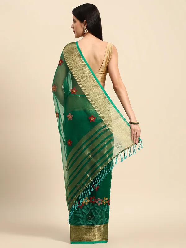 Indian_Women_Turquoise_Green_Orgenza_Fancy_border_with_Embroidery_work