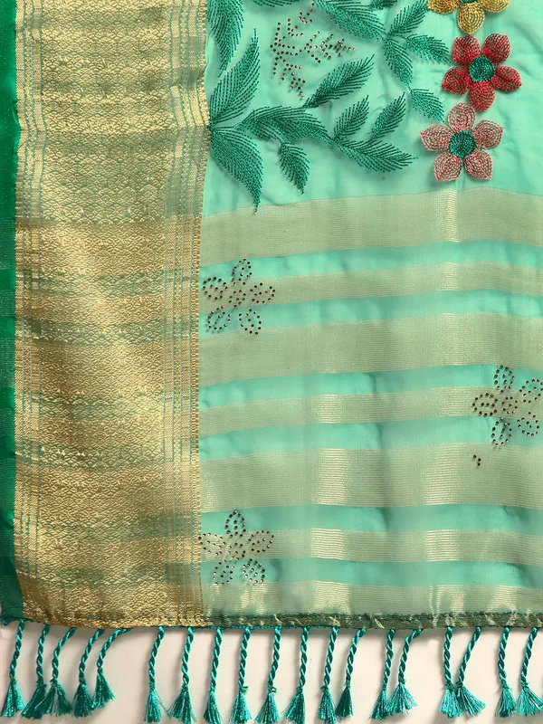 Indian_Women_Turquoise_Green_Orgenza_Fancy_border_with_Embroidery_work