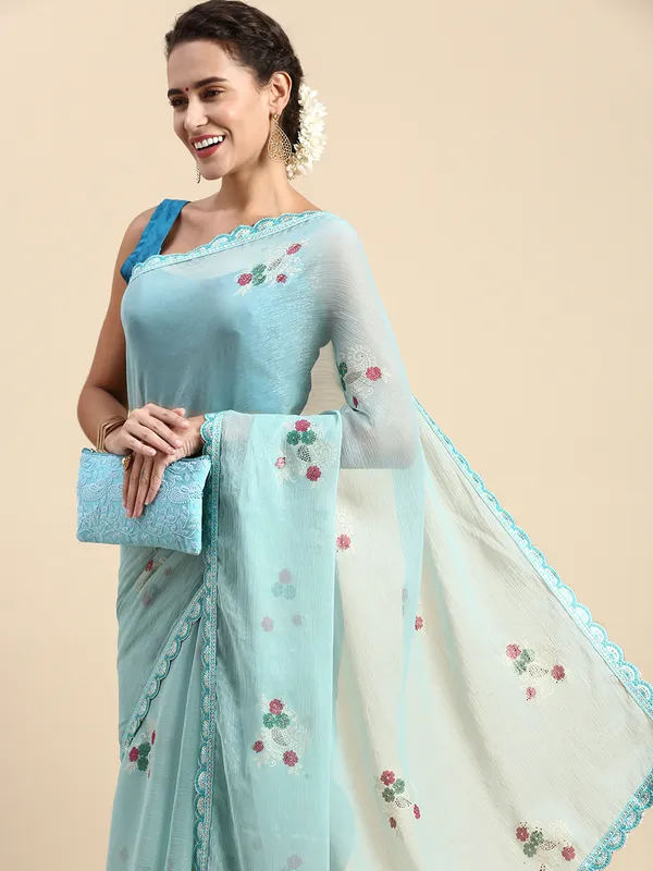 Turquoise_Green_Shimmer_Chiffon_Embroidery_Border_with_Foil_&_Swarovski_Work_Saree
