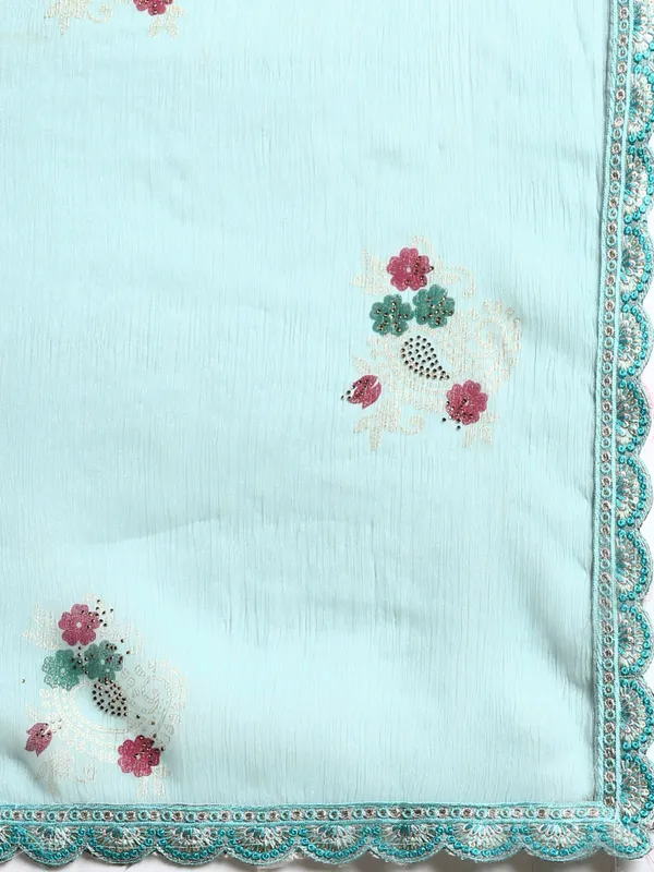 Turquoise_Green_Shimmer_Chiffon_Embroidery_Border_with_Foil_&_Swarovski_Work_Saree
