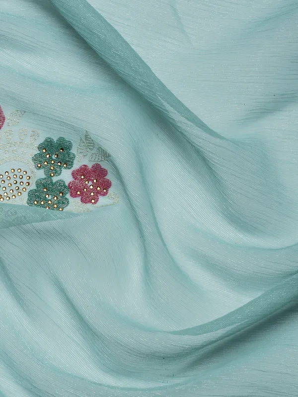 Turquoise_Green_Shimmer_Chiffon_Embroidery_Border_with_Foil_&_Swarovski_Work_Saree