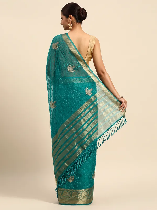 Indian_Women_Turquoise_Blue_Orgenza_Fancy_border_with_Embroidery_work