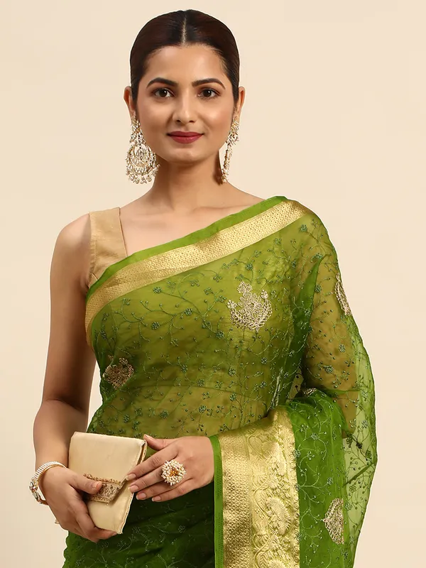 Indian_Women_Mehendi_Green_Orgenza_Fancy_border_with_Embroidery_work
