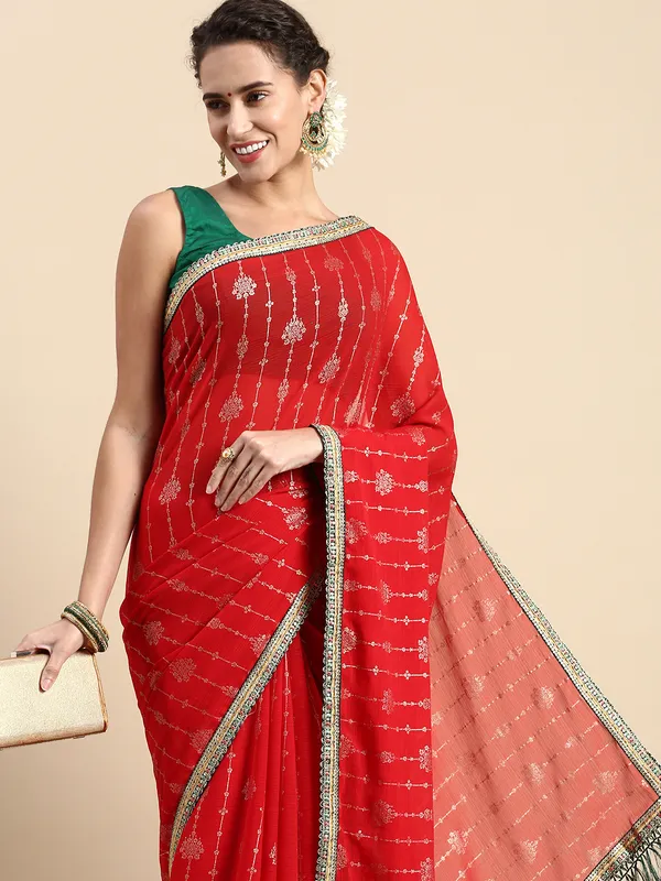 Red_Zomato_Silk_Fancy_Border_with_Foil_Work_Saree
