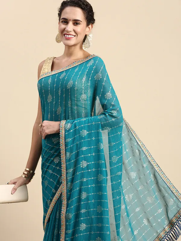 Turquoise_Green_Zomato_Silk_Fancy_Border_with_Foil_Work_Saree