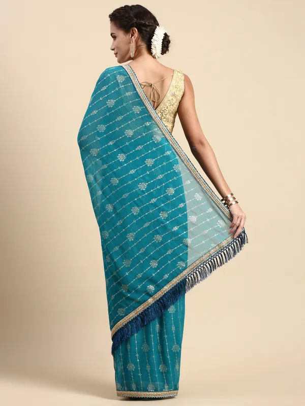 Turquoise_Green_Zomato_Silk_Fancy_Border_with_Foil_Work_Saree