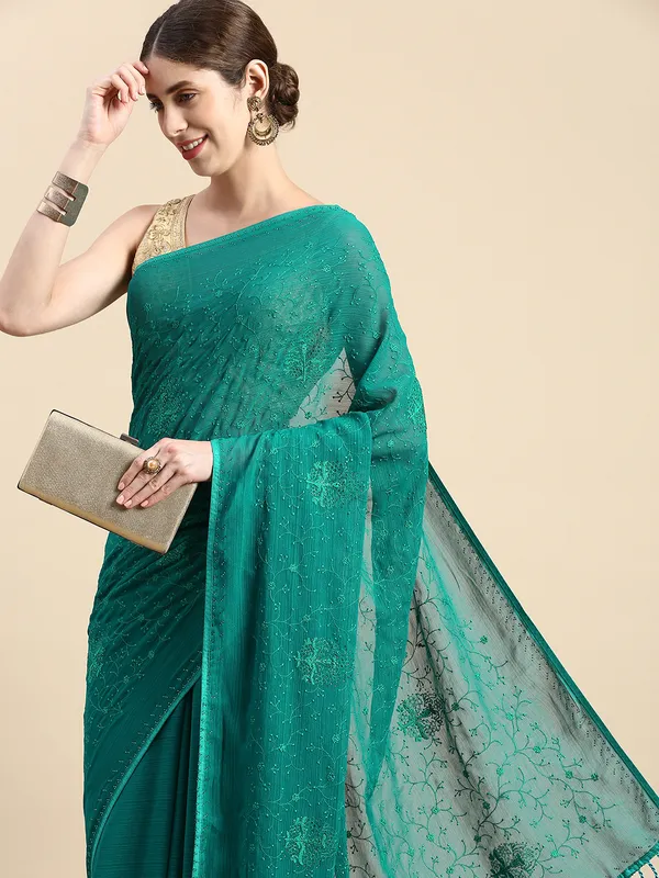 Turquoise_Green_Zomato_Silk_Swarovski_Work_Embroidery_Saree