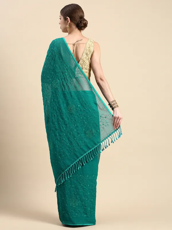 Turquoise_Green_Zomato_Silk_Swarovski_Work_Embroidery_Saree