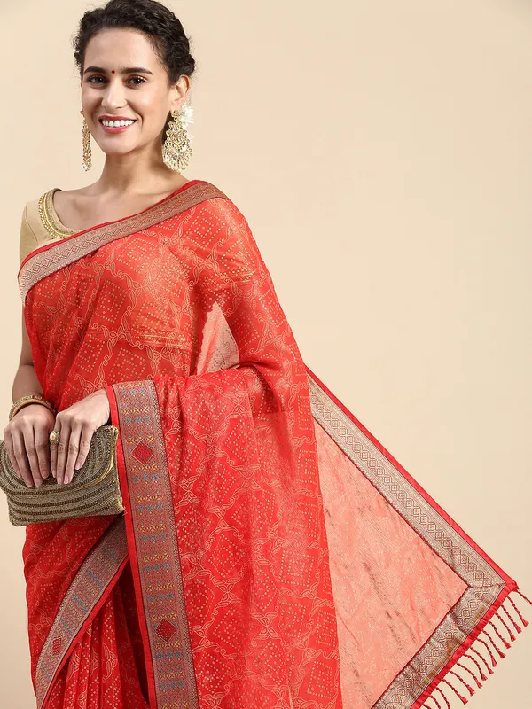Red_Shimmer_Chiffon_Fancy_Border_with_Foil_Work_Saree