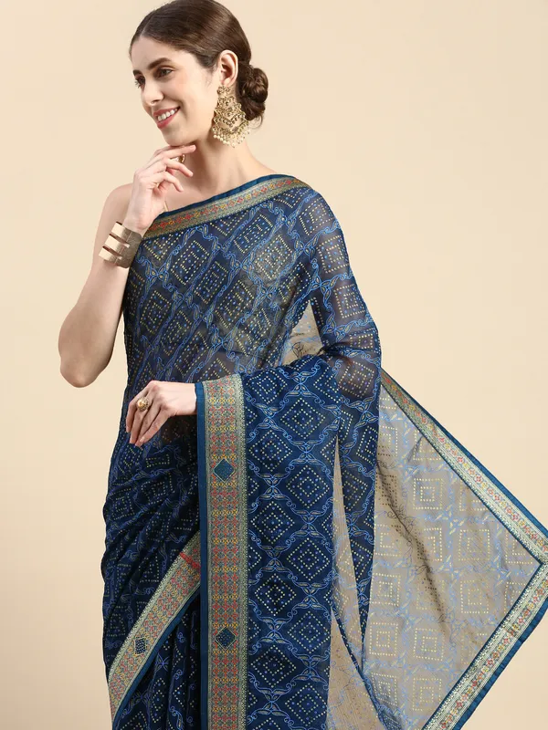 Blue_Shimmer_Chiffon_Fancy_Border_with_Foil_Work_Saree
