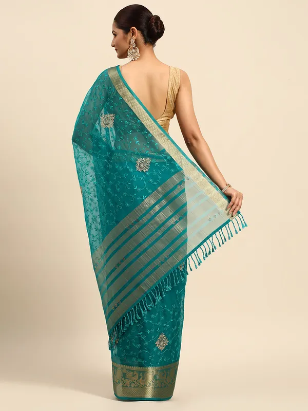 Indian_Women_Turquoise_Blue_Orgenza_Fancy_border_with_Embroidery_work