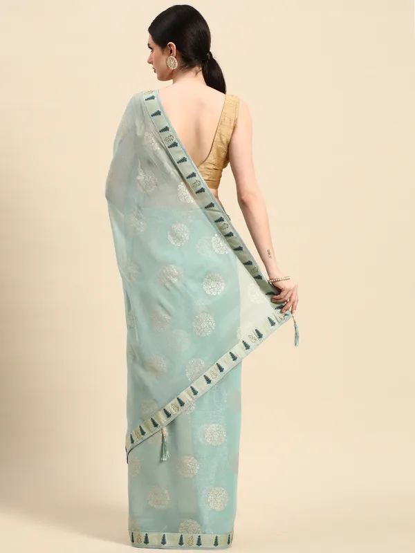 Indian_Women_Turquoise_Blue_Shimmer_Chiffon_Fancy_Border_with_Swarovski_&_foil_work