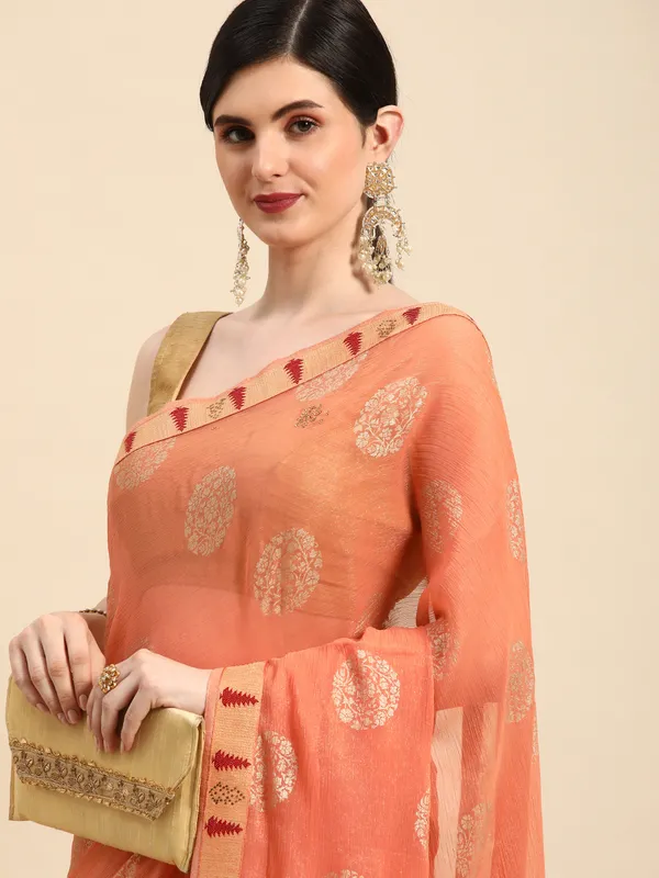 Indian_Women_Orange_Shimmer_Chiffon_Fancy_Border_with_Swarovski_&_foil_work