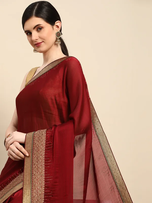 Indian_Women_Maroon_Striped_Satin_Silk_Fancy_Border_with_Swarovski_work