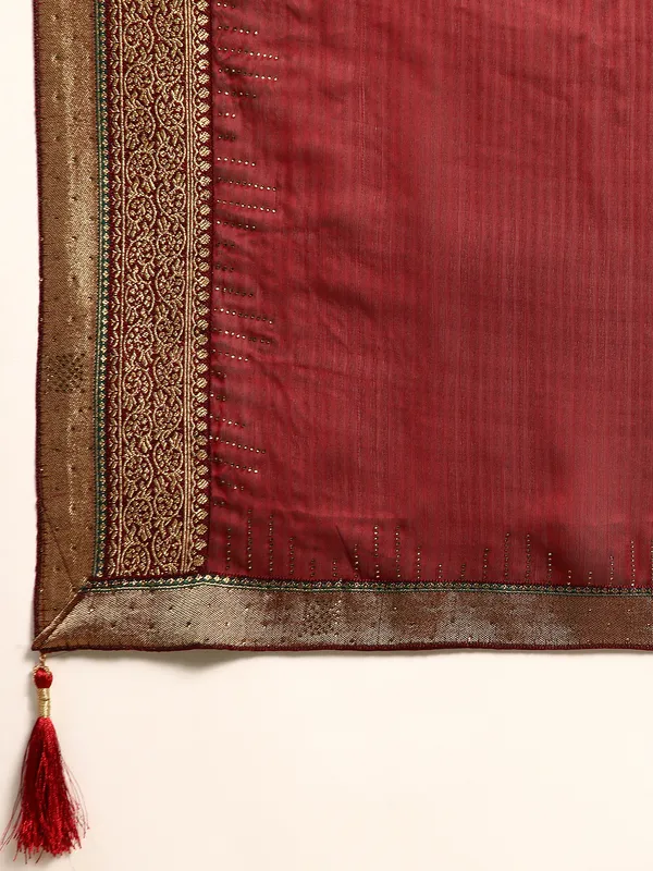 Indian_Women_Maroon_Striped_Satin_Silk_Fancy_Border_with_Swarovski_work
