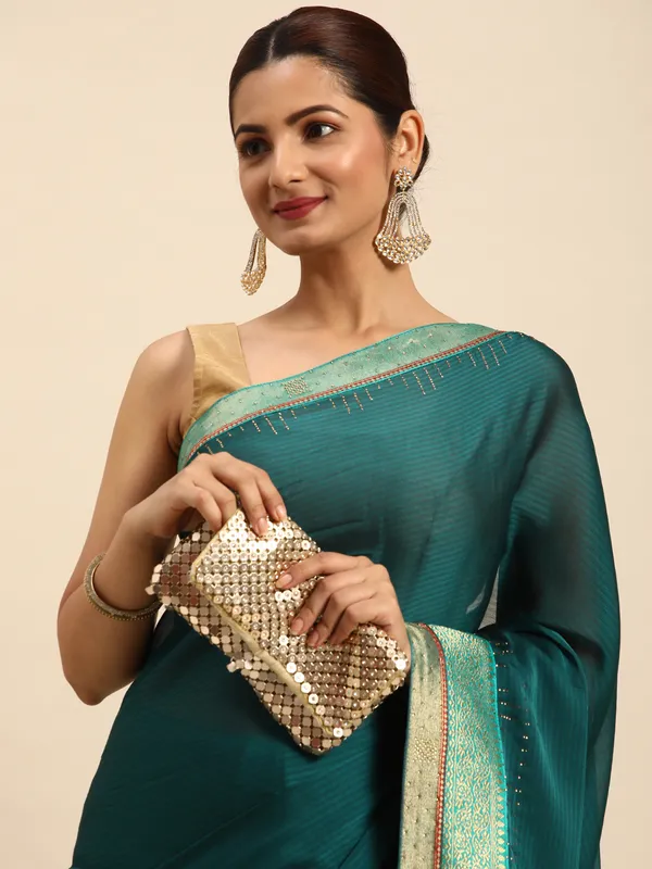 Indian_Women_Green_Striped_Satin_Silk_Fancy_Border_with_Swarovski_work