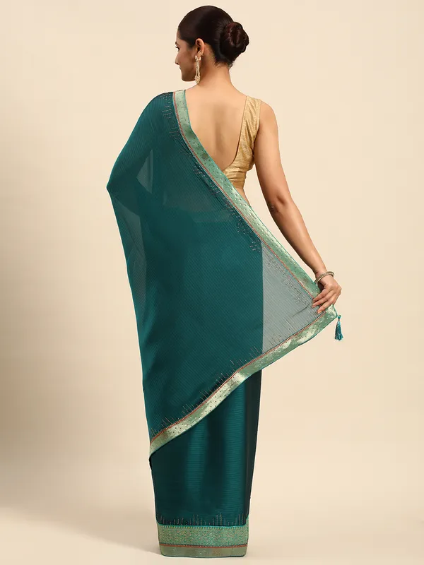 Indian_Women_Green_Striped_Satin_Silk_Fancy_Border_with_Swarovski_work