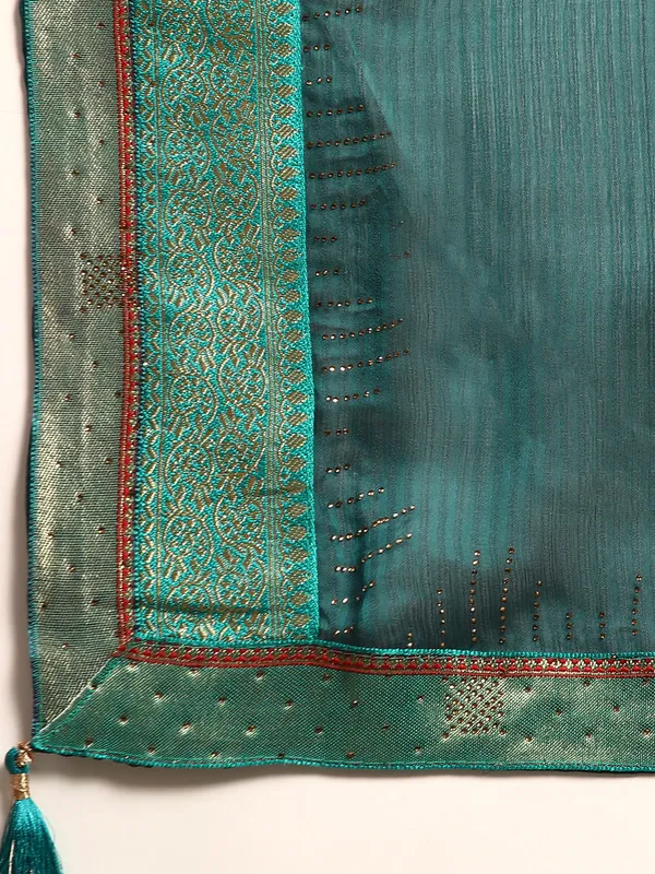 Indian_Women_Green_Striped_Satin_Silk_Fancy_Border_with_Swarovski_work